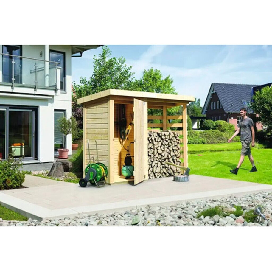 Karibu - Kaminholzunterstand mit Abstellraum - Holzunterstand - wetterfest, mit Rückwand, mit Dachüberstand